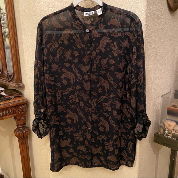 Vintage CHICO’S Women People Animal Print Tunic Sheer Button Shirt Size 2(12-L) - Picture 1 of 9